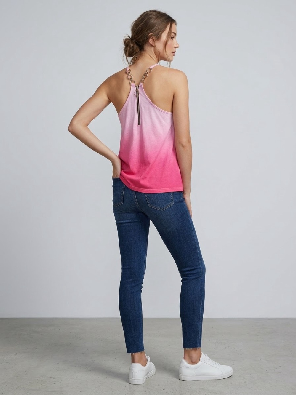 SHEIN Pink Ombre Tank with Beaded Halter and Back Zip